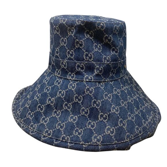 Gucci Eco Washed Denim Wide Brim Monogram GG Logo Hat Medium - Picture 2 of 13
